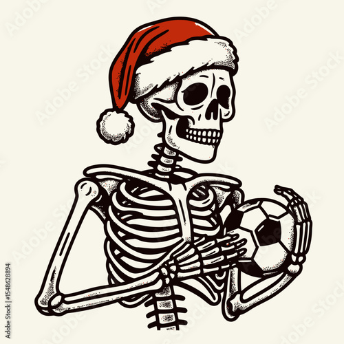  Skeleton wear santa hat Play Football. Christmas Xmas Holiday Winter New Year Claus Clipart Line Art Vector Illustration. Bony figure don festive headgear toss an orb during gridiron action.