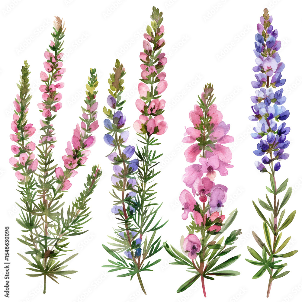 Fototapeta premium Watercolor Lupine Flowers. Botanical Illustration With Floral Elements.