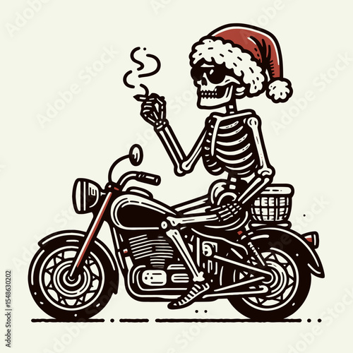 Skeleton wear santa hat sitting on a motorcycle wearing sunglasses. Christmas Xmas Holiday Winter New Year Claus Clipart Line Art Vector Illustration. Bony fellow don cap astride cycle sport.
