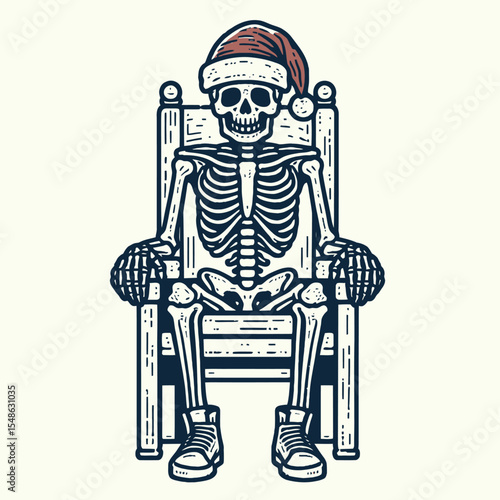  Skeleton wear santa hat sitting on a throne like king. Christmas Xmas Holiday Winter New Year Claus Clipart Line Art Vector Illustration. Bony figure in festive headwear royal seat monarch.
