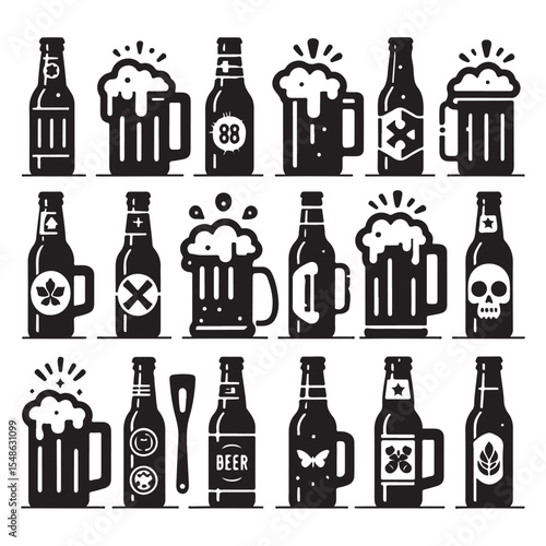 Minimal Black Beer Mugs and Bottles Vector Pack