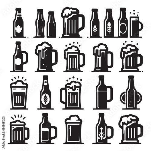 Minimal Black Beer Mugs and Bottles Vector Pack