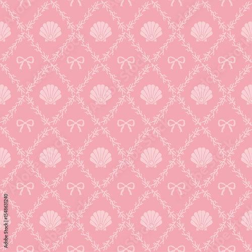 Vector seamless pattern of pink vintage bows and pearl oyster decorated with coral, ribbons and seashells hand drawn background illustration.