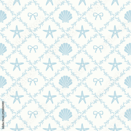 Vector seamless pattern of blue vintage bows and seashells decorated with coral, hand drawn background illustration.