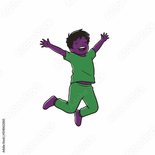 Green-colored figure joyfully leaping in the air