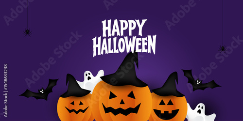 Happy Halloween poster, cards, flayer with yellow, dark blue, purple and orange design, pumpkins smile, tree, bat flying, ghost, spider, banner design on black background, set of Halloween for holday.