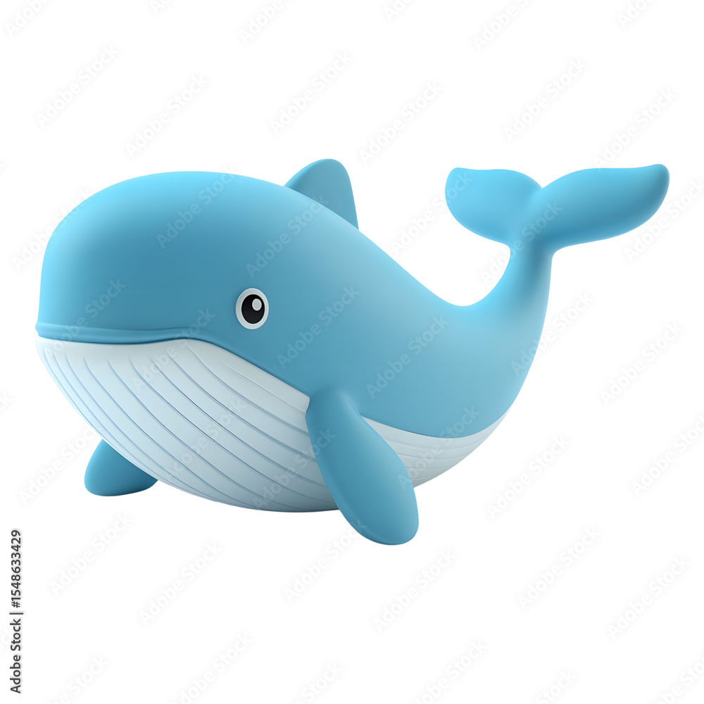 A rubber blue toy whale with a white belly and a small black eye isolated on white or transparent background A rubber blue toy whale with a white belly and a small black eye isolated on white or transparent background