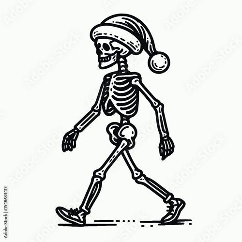  Skeleton wear santa hat walking with a swagger. Christmas Xmas Holiday Winter New Year Claus Clipart Line Art Vector Illustration. Bony figure don headgear stride confidently during.
