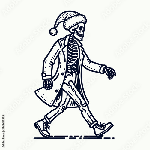  Skeleton wear santa hat walking with a swagger. Christmas Xmas Holiday Winter New Year Claus Clipart Line Art Vector Illustration. Bony figure don cap stroll confidence funny celebration.