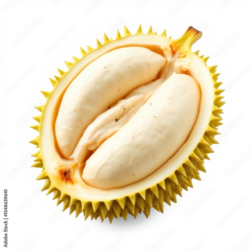 Fototapeta premium Halved Durian Fruit Close up Creamy White Flesh and Spiky Exterior