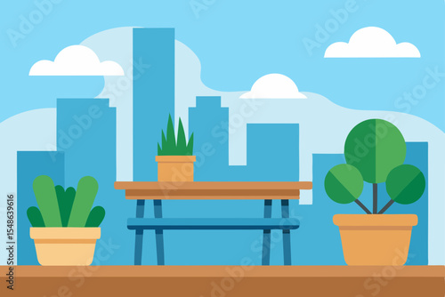 Vector illustration of a comfortable home balcony with flower decor, dining furniture, and a garden view from the window