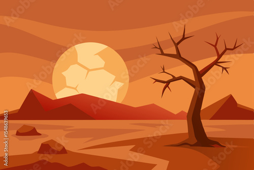 Desolate Landscape Arid Sun, Barren Tree, and Mountain Silhouette