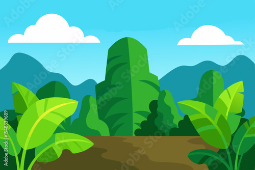 Lush Tropical Landscape Vibrant Green Mountains and Banana Leaves