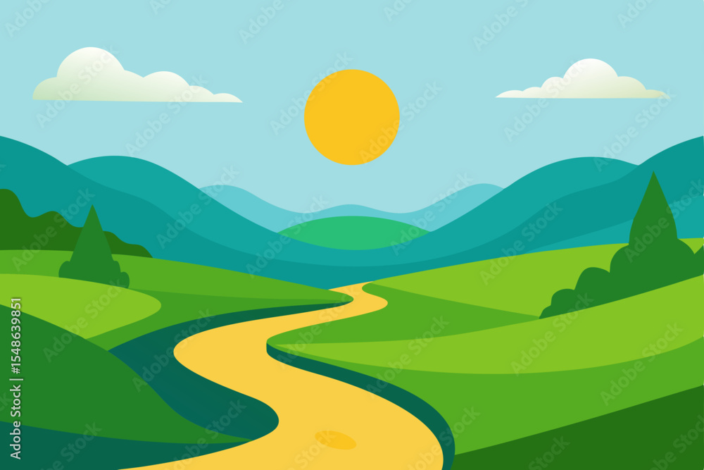 Obraz premium Serene Mountain Valley Landscape A Winding River Path