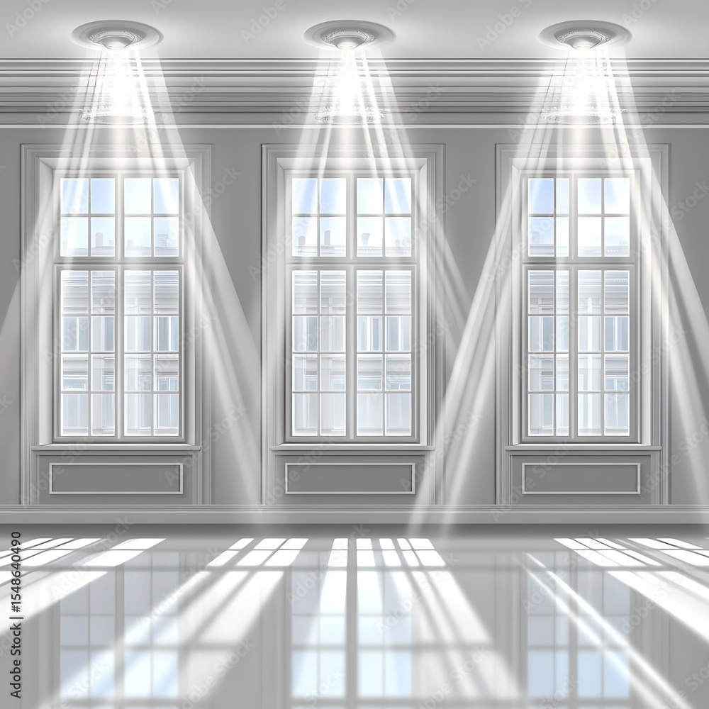 Three windows in a room with lights and reflections present Three windows in a room with lights and reflections present