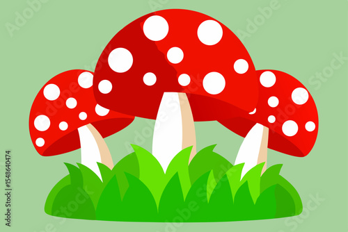 Fly agaric mushrooms with their red caps are a classic illustration of nature's vibrant, poisonous toadstools in a cartoon forest setting with grass and autumn leaves