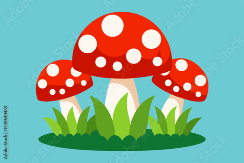 Fly agaric mushrooms: a poisonous red fungi illustration with a cartoon toadstool in an autumn forest