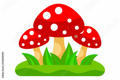A vibrant cartoon fly agaric mushroom, a poisonous red toadstool, stands in the grass of an autumn forest, a classic nature illustration