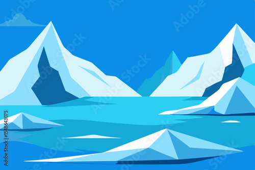 Vector illustration of a winter mountain landscape with snow, ice, and blue sky, featuring high peaks and glaciers