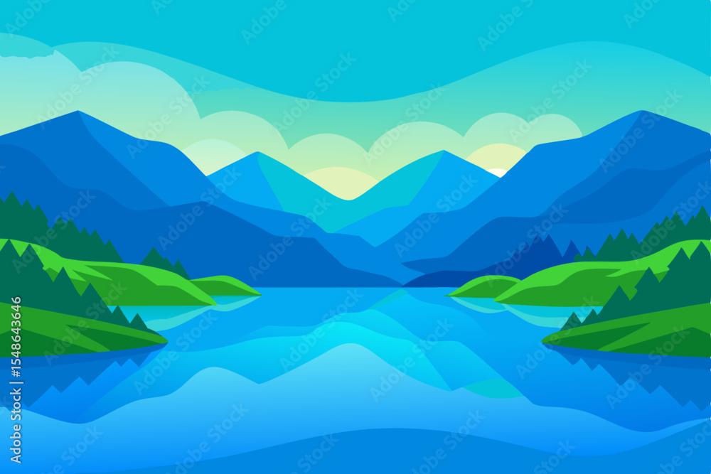 Mist-kissed mountain peaks reflect in a serene lake at sunrise, a vast landscape under a blue sky Mist-kissed mountain peaks reflect in a serene lake at sunrise, a vast landscape under a blue sky