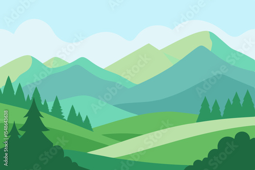 Here's a single sentence to describe the image:

Lush green mountain landscape with trees, a tranquil lake, and a clear blue sky, perfect for a summer nature scene illustration