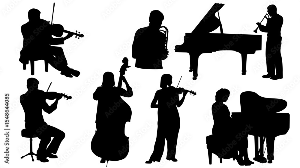 Obraz premium “A collection of outlined black shapes forming musicians with instruments, arranged with visual rhythm and symmetry across a plain white canvas, evoking a formal concert setting.”