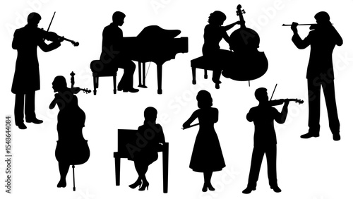 “A collection of outlined black shapes forming musicians with instruments, arranged with visual rhythm and symmetry across a plain white canvas, evoking a formal concert setting.”