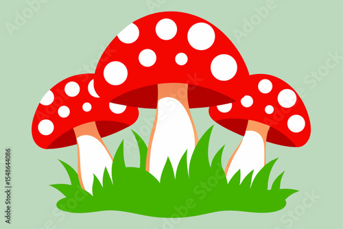 Red cartoon fly agaric mushrooms with white spots are illustrated in a forest on grass