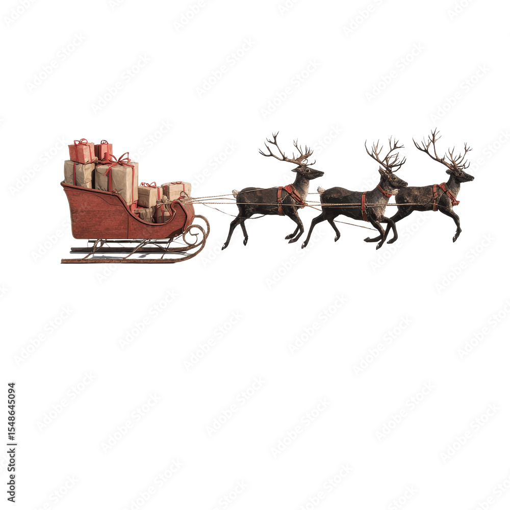 Fototapeta premium Santa's Reindeer Sleigh with Christmas Presents, Isolated on White Transparent background