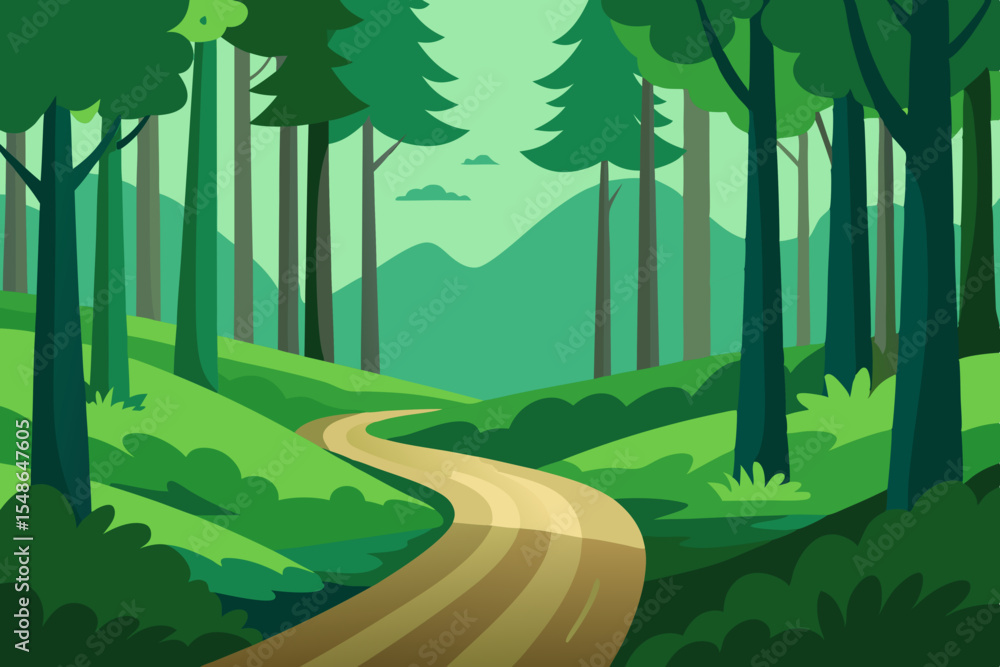 Obraz premium A winding road through a green forest landscape under a summer sky