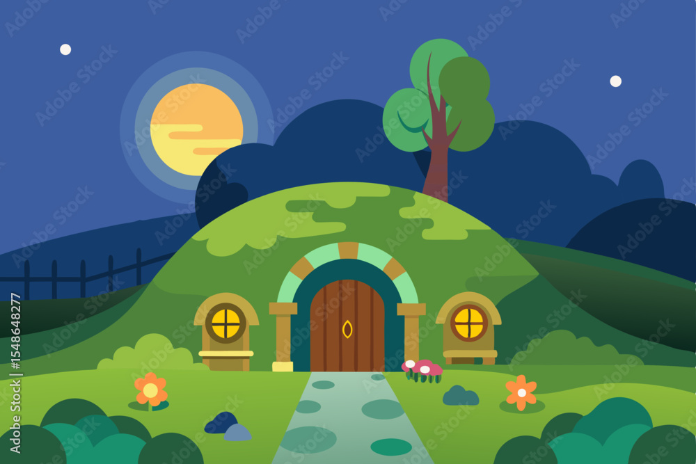 Naklejka premium Rural summer landscape with a village house, green trees, and clear sky