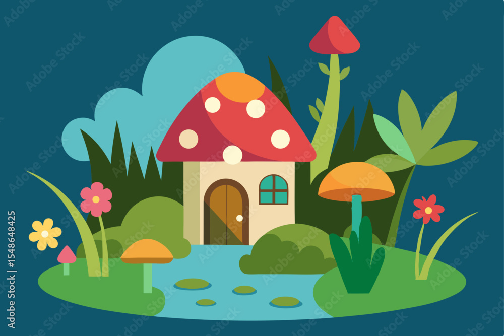 A vibrant cartoon fairy tale house, nestled in a summer forest landscape with a mushroom and umbrella, under a whimsical sky, designed as a charming vector illustration