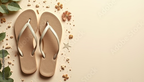 Stylish Flip Flops on Sand with Shells and Natural Decor for Summer Vibes