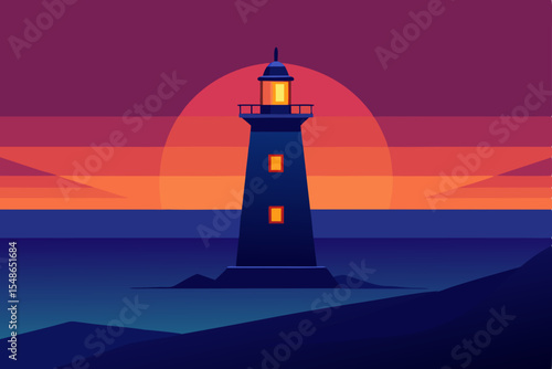 A lone lighthouse casts its beacon across the night sea under a vast sky, a guiding light on the coastline