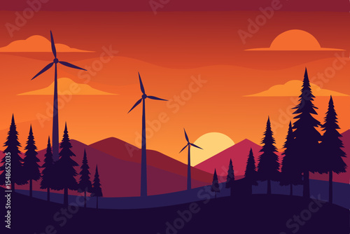 Sunset wind turbines silhouetted against an orange and red sky, generating clean energy in a serene nature landscape