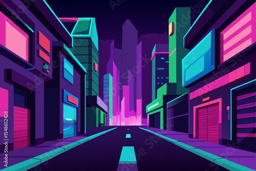 Neon Cityscape: A vibrant illustration of a cityscape glowing in neon lights, with buildings and roads illuminated in shades of pink and teal, conveying a sense of modern urban life.