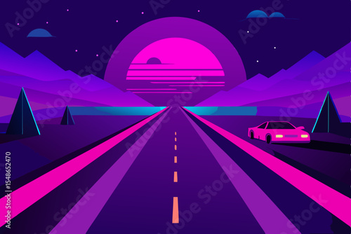 Neon Dreamscape: A vibrant car cruises down a neon-lit highway, silhouetted against a breathtaking sunset amidst rolling hills, evoking a sense of retro futurism.