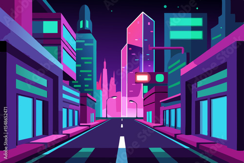 Neon Cityscape: A vibrant urban landscape glows with neon lights, showcasing sleek skyscrapers and modern architecture under a captivating night sky.