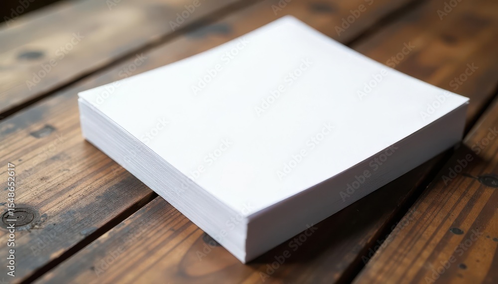 Fototapeta premium Neat stack of blank brochure paper sheets on rustic wooden surface, brochure, woodgrain, wooden