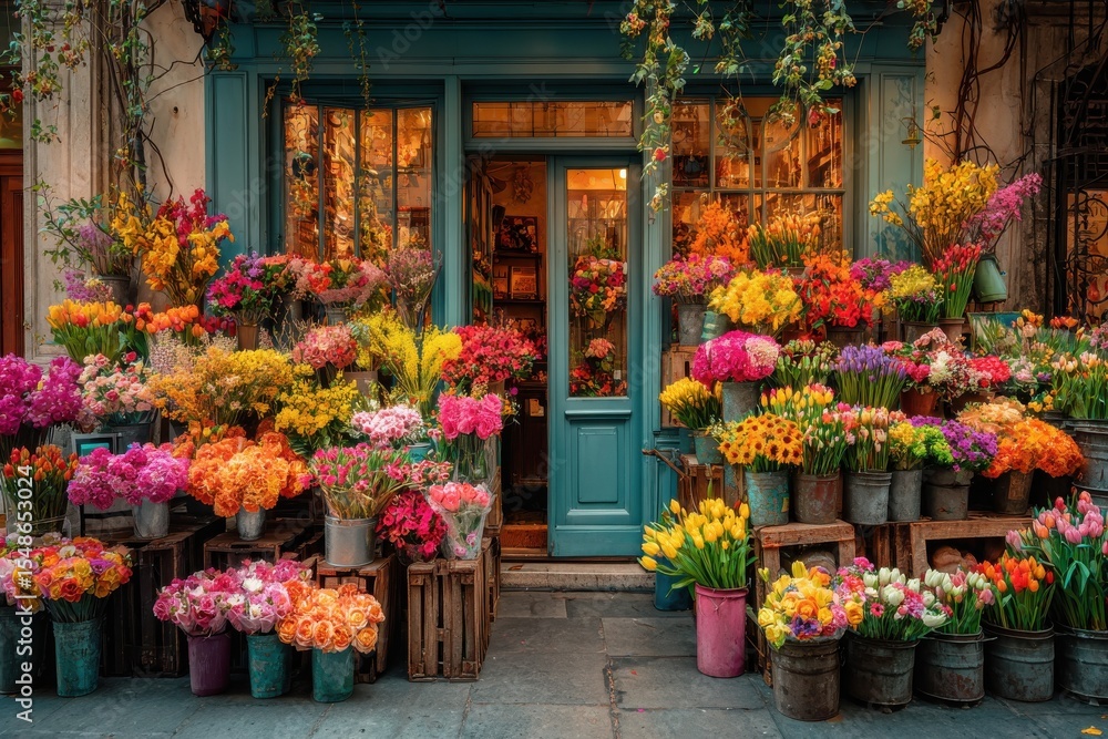 Obraz premium A charming flower shop displays a vibrant array of colorful flowers in buckets outside a teal-painted entrance.