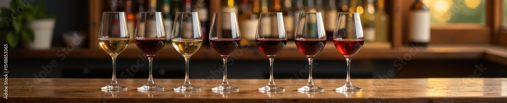 Various wine glasses neatly arranged on wooden table, rustic, table Various wine glasses neatly arranged on wooden table, rustic, table