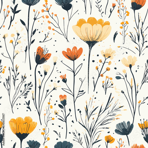 Abstract seamless pattern with cute hand drawn meadow flowers. Fashion stylish natural background