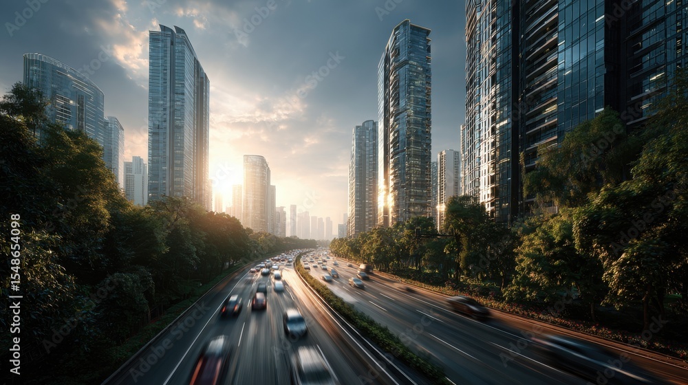 Obraz premium A bustling city highway flanked by modern skyscrapers and lush greenery, captured during sunset with dynamic light and motion blur on vehicles.