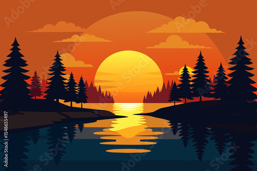 Golden sun over calm lake water reflects the beautiful landscape of trees and clouds at sunrise or sunset