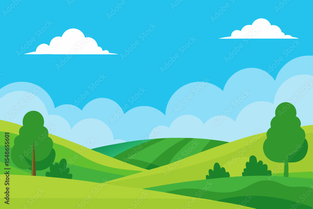 Obraz premium A vibrant summer landscape illustrates a serene meadow with a bench under a clear blue sky and fluffy clouds