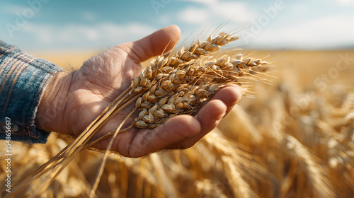 Farmer holding wheat ears showcasing a bountiful harvest in the golden field of grain