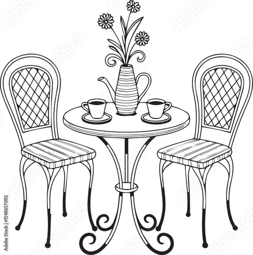 Vintage Café Table and Chairs Vector with Teapot Cups and Flower Vase Line Art