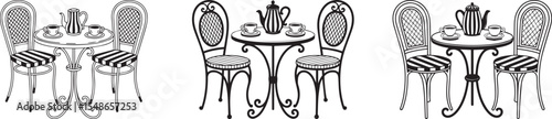 Collection Set of Vintage Bistro Table and Chairs Vector Set with Teapot and Cups in Black and White