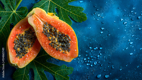 Freshly cut papaya fruit with leaf and water droplets on a textured blue surface