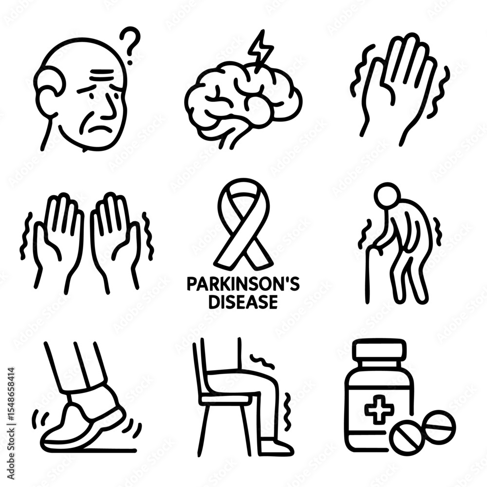 Fototapeta premium A set of doodle line icons representing Parkinson’s disease symptoms like tremors, mobility issues, brain disorder, elderly care, and medication